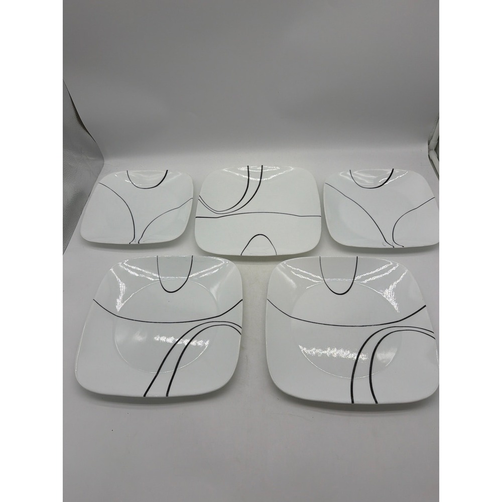 Corelle Square Simple Lines White Black 10.5" Dinner Plate 3 & 2 luncheon plates